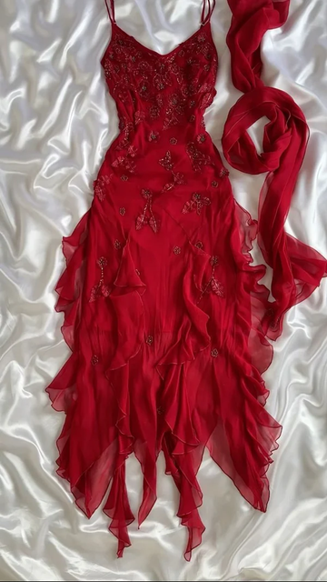 Spaghetti Straps Chiffon Ruffles Beading Red Prom Dress Party Evening Dress HZ1023